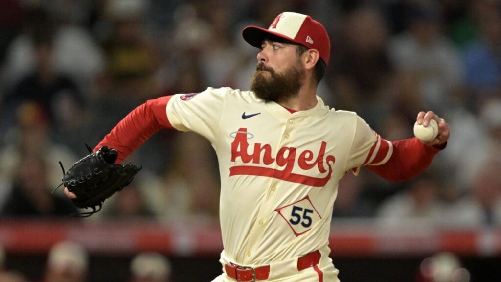 Jun 5, 2024; Anaheim, California, USA; Los Angeles Angels relief pitcher Matt Moore (55) earns a save in the ninth inning against the San Diego Padres at Angel Stadium.