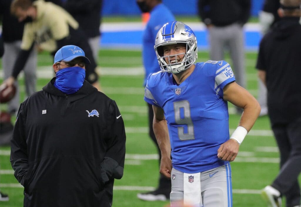 Lions coach Matt Patricia and quarterback Matthew Stafford talk before the game against the Saints on Sunday, Oct. 4, 2020, at Ford Field. Lions