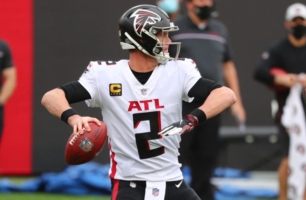 Jan 3, 2021; Tampa, Florida, USA; Atlanta Falcons quarterback Matt Ryan (2) throws the ball against the Tampa Bay Buccaneers during the second quarter at Raymond James Stadium.