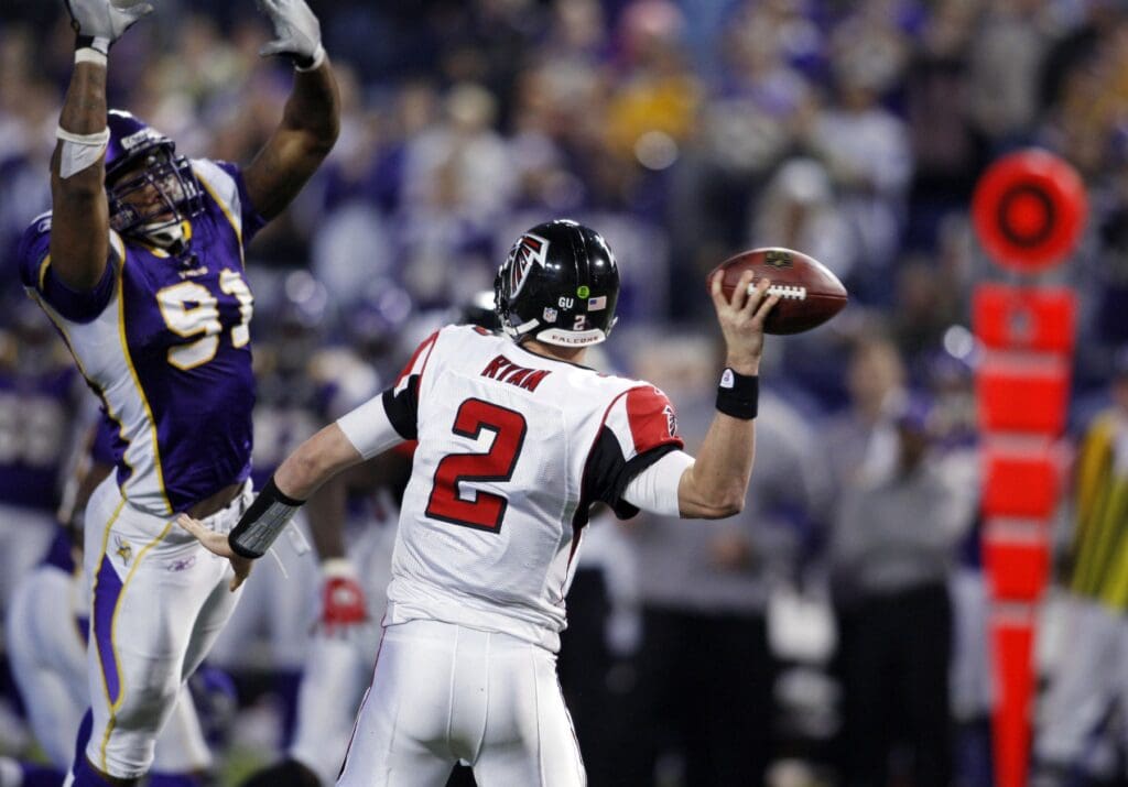 Dec 21, 2008; Minneapolis, MN, USA: Minnesota Vikings defensive end Ray Edwards (91) pressures Atlanta Falcons quarterback Matt Ryan (2) in the fourth quarter at the Metrodome. Falcons win 24-17