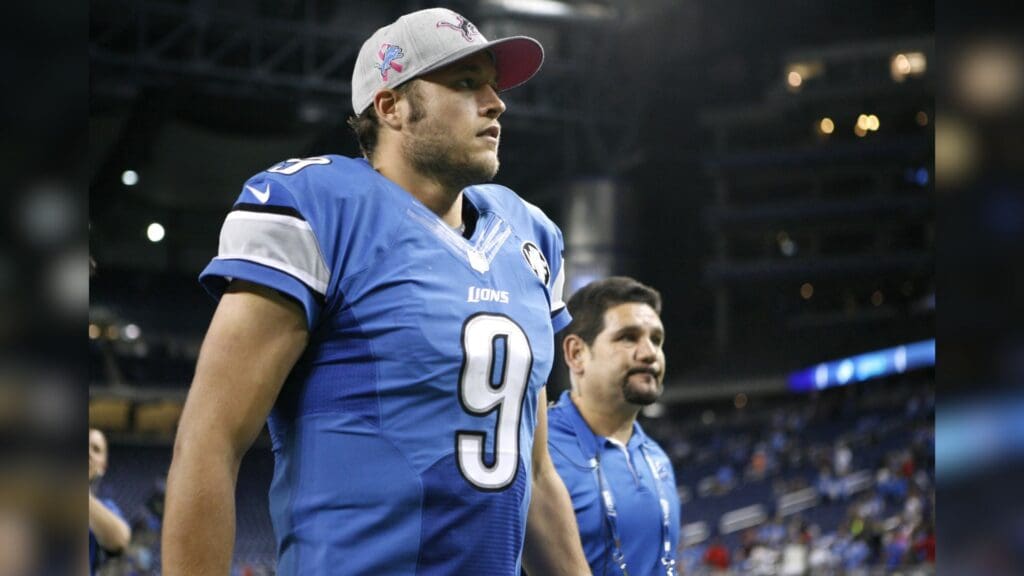 Oct 11, 2015; Detroit, MI, USA; Detroit Lions quarterback Matthew Stafford (9) walks off the field after the game against the Arizona Cardinals at Ford Field. The Cardinals won 42-17.