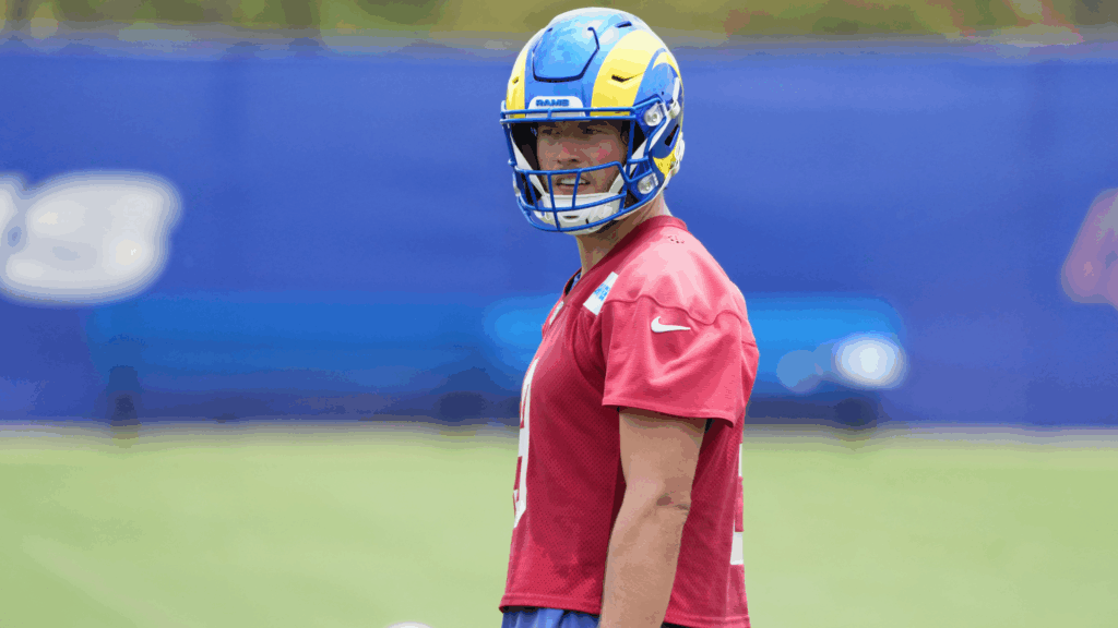 Jun 3, 2025; Woodland Hills, CA, USA; Los Angeles Rams quarterback Matthew Stafford (9) during organized team activities at Rams Practice Facility.