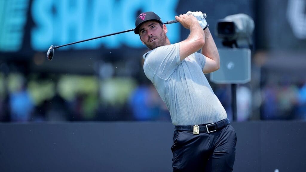 Jun 8, 2024; Houston, Texas, USA; Matthew Wolff of Rangegoats Golf Club tees off on the 17th hole during the second round of the LIV Golf Houston golf tournament at Golf Club of Houston.