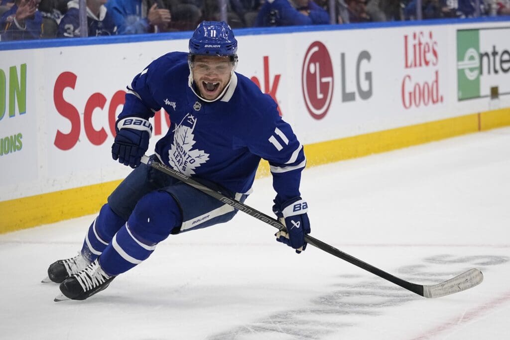 May 5, 2025; Toronto, Ontario, CAN; Toronto Maple Leafs forward Max Domi (11) reacts after his scoring chance against the Florida Panthers during the third period of the second round of the 2025 Stanley Cup Playoffs at Scotiabank Arena.
