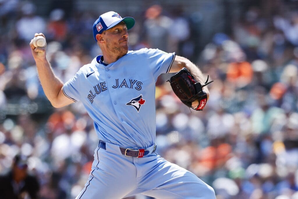 Jul 27, 2025; Detroit, Michigan, USA; Toronto Blue Jays pitcher Max Scherzer (31) pitches in the fifth inning against the Detroit Tigers at Comerica Park.