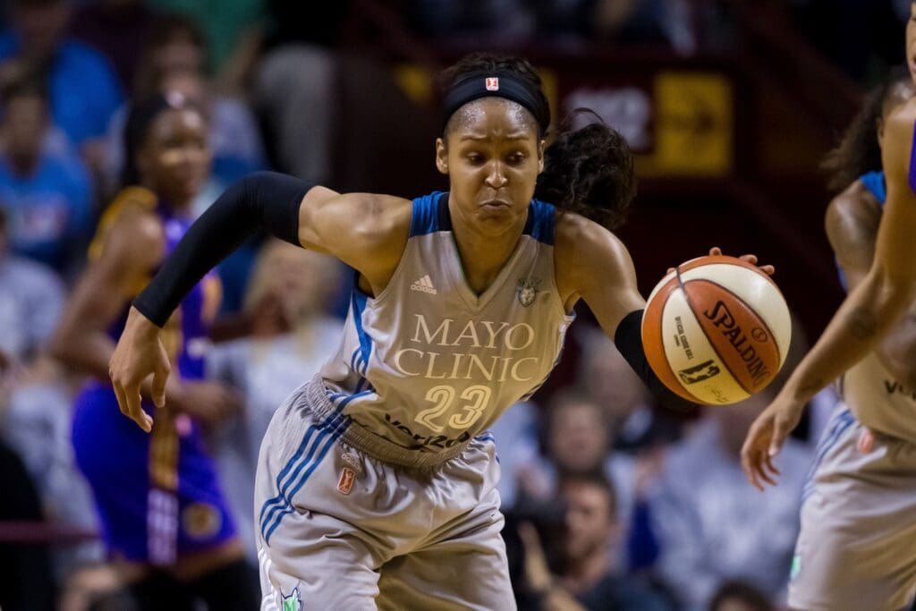 Oct 4, 2017; Minneapolis, MN, USA; Minnesota Lynx forward Maya Moore (23) dribbles in the first quarter against the Los Angeles Sparks in Game 5 of the WNBA Finals at Williams Arena. 