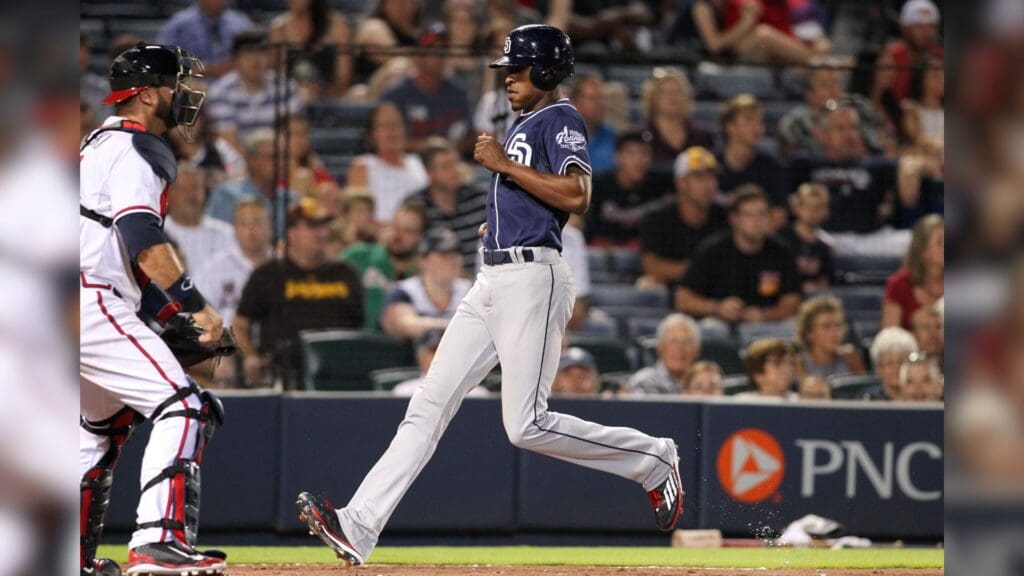 Jun 8, 2015; Atlanta, GA, USA; San Diego Padres center fielder Melvin Upton Jr. (2) scores a run against the Atlanta Braves in the ninth inning at Turner Field