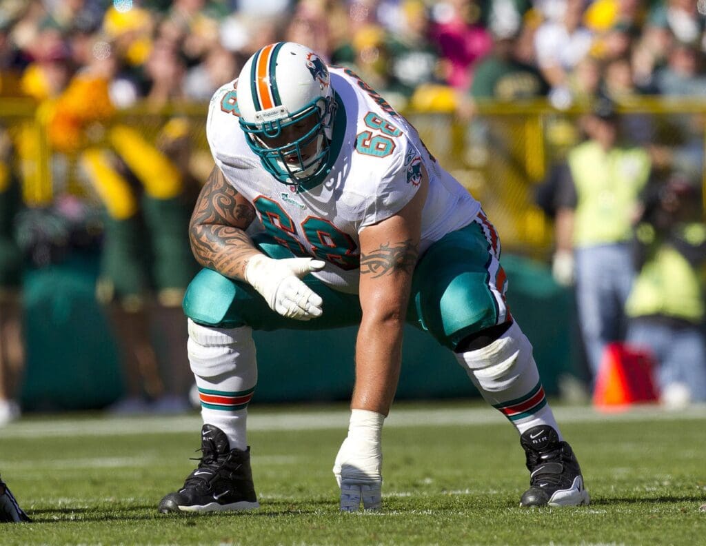 Sep 21, 2010; Green Bay, WI, USA; Miami Dolphins guard Richie Incognito (68) lines up for a play during the game against the Green Bay Packers at Lambeau Field. The Dolphins defeated the Packers 23-20.