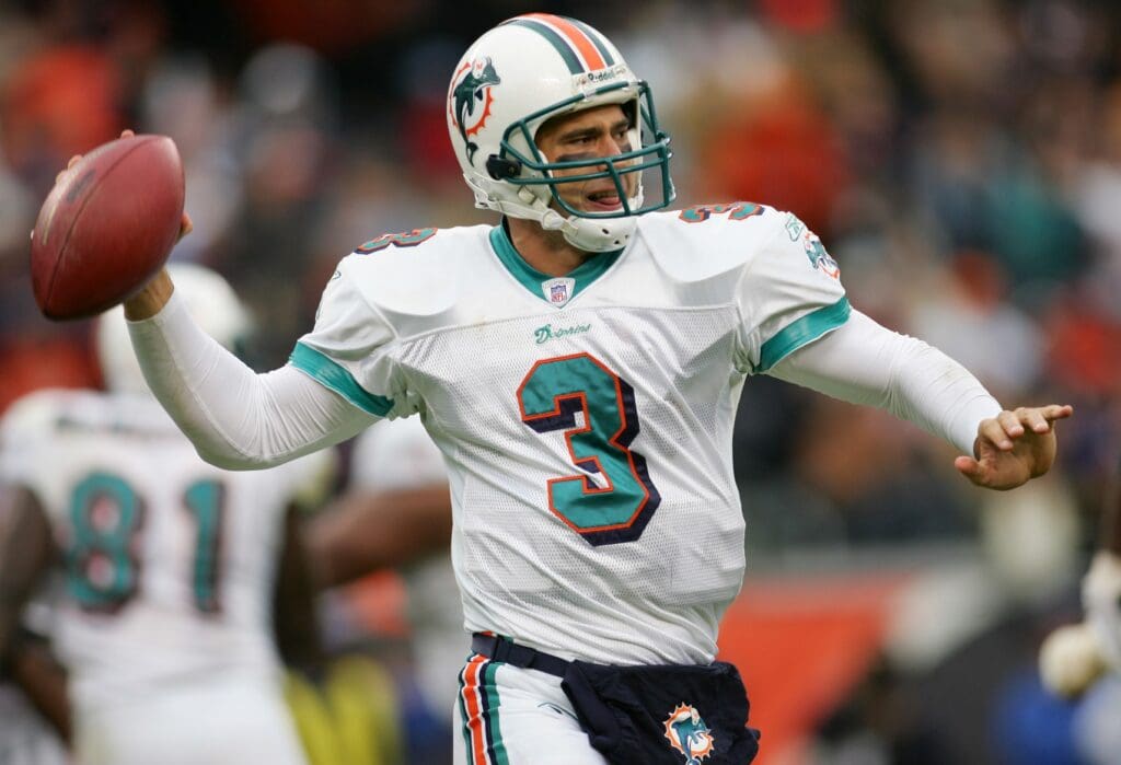 Nov 5, 2006; Chicago, IL, USA; Miami Dolphins quarterback (3) Joey Harrington throws a pass during the third quarter at Soldier Field in Chicago, IL. Harrington passed for 137 yards with three touchdowns. 