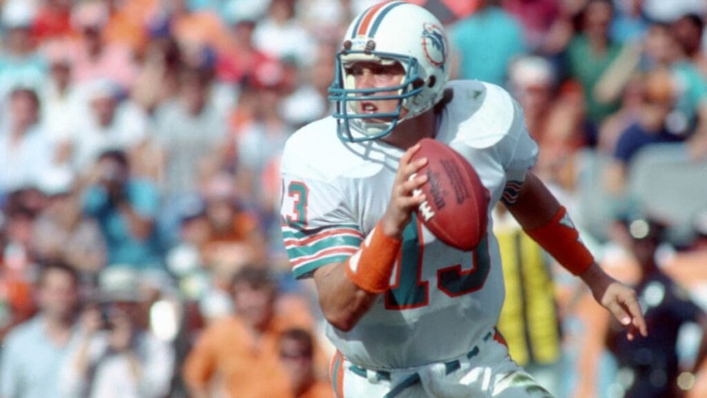 Jan 1985; Miami, FL, USA; Miami Dolphins quarterback Dan Marino (13) in action during the 1984-85 season at the Orange Bowl. 