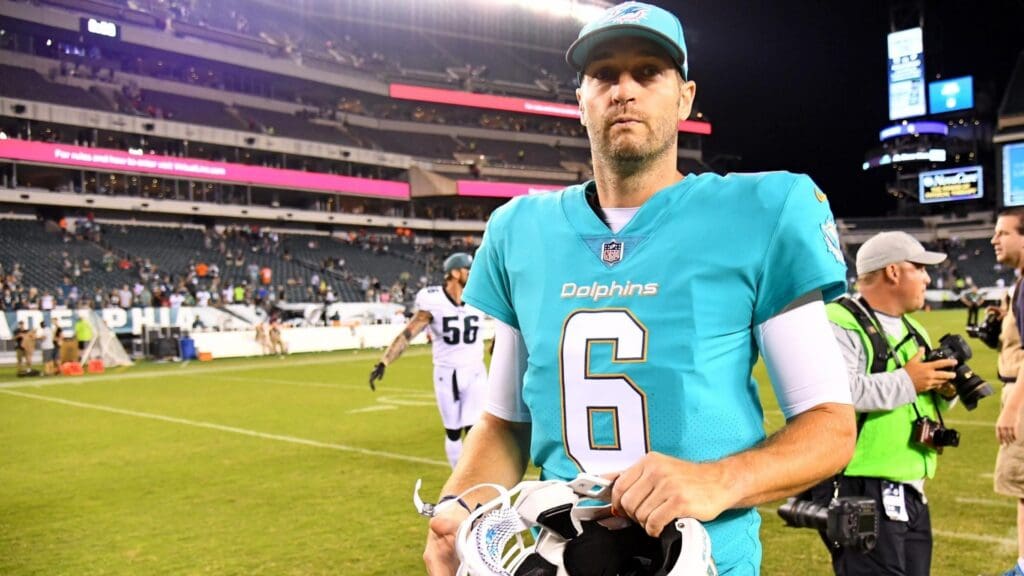 Aug 24, 2017; Philadelphia, PA, USA; Miami Dolphins quarterback Jay Cutler (6) walks off the field after loss to the Philadelphia Eagles at Lincoln Financial Field.