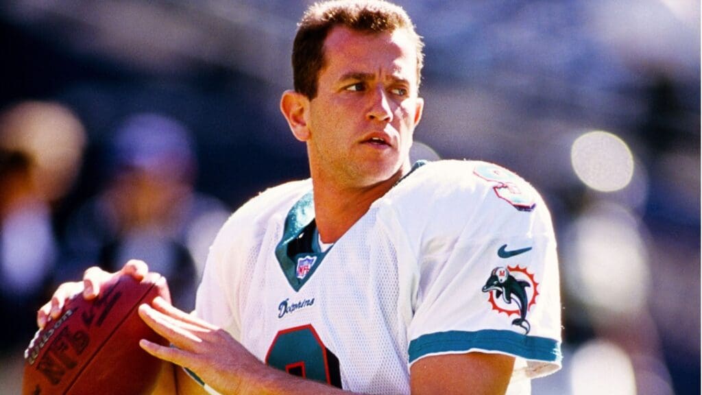Nov 12, 2000; San Diego, CA, USA; FILE PHOTO; Miami Dolphins quarterback Jay Fiedler (9) warms up on the field prior to a game against the San Diego Chargers at Jack Murphy Stadium. 