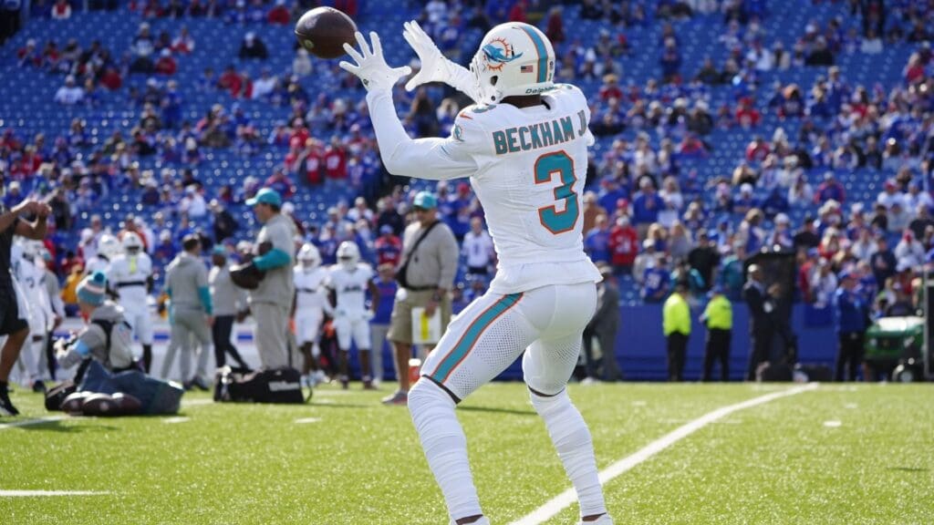 Nov 3, 2024; Orchard Park, New York, USA; Miami Dolphins wide receiver Odell Beckham Jr. (3) warms up prior to the game at Highmark Stadium.