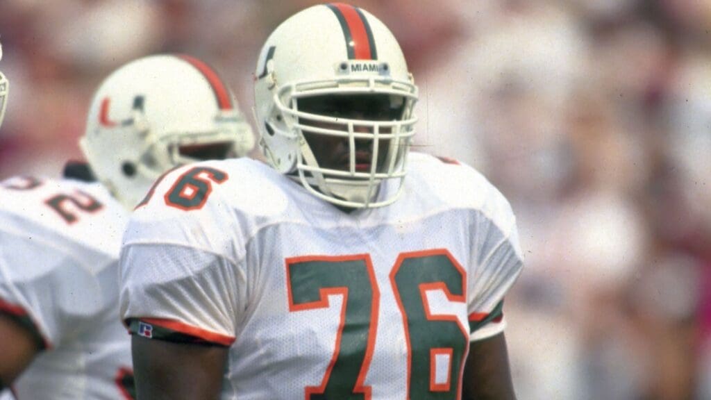 Unknown date & location; USA; FILE PHOTO; Miami Hurricanes defensive tackle (76) Warren Sapp during the 1993 season.