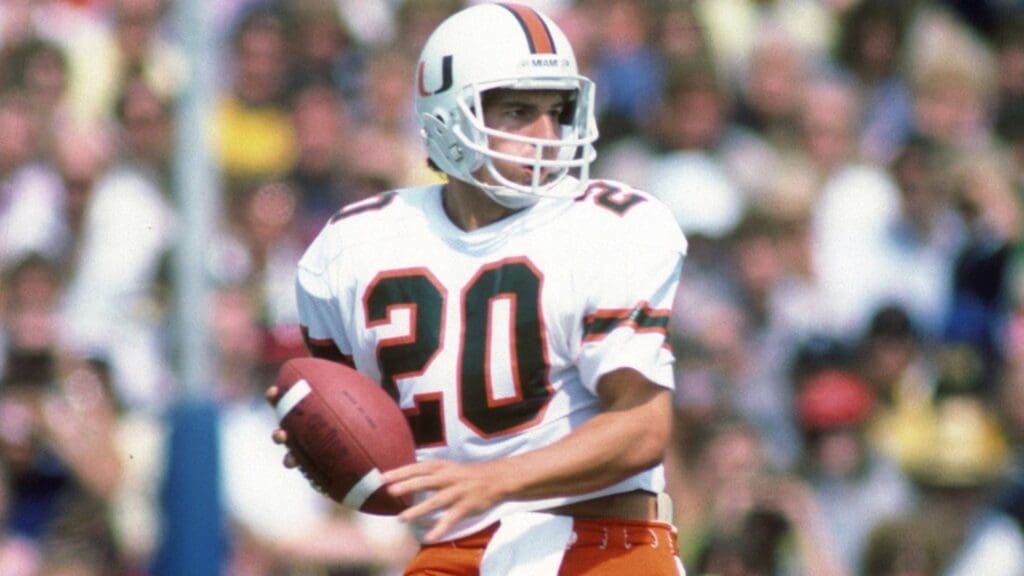 Sep 1984; Unknown Location, USA; FILE PHOTO; Miami Hurricanes quarterback Bernie Kosar (20) in action during the 1984 season . 