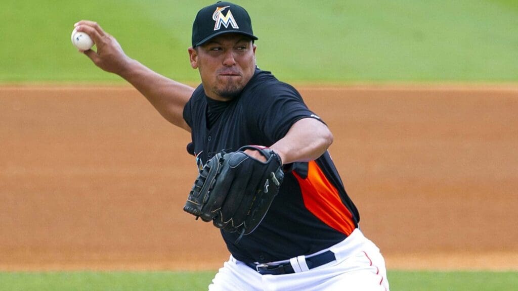 Mar 13, 2012; Jupiter, FL. USA; Miami Marlins starting pitcher Carlos Zambrano (38) delivers a pitch against the Atlanta Braves at Roger Dean Stadium. 