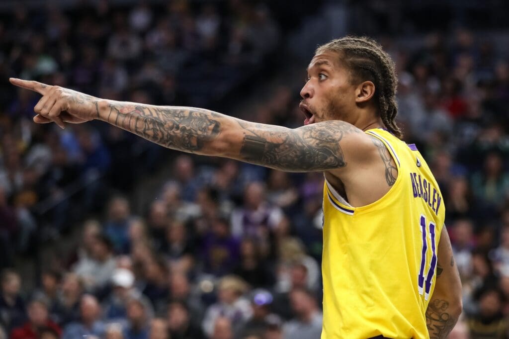 Jan 6, 2019; Minneapolis, MN, USA; Los Angeles Lakers forward Michael Beasley (11) argues a call during the fourth quarter against the Minnesota Timberwolves at Target Center.
