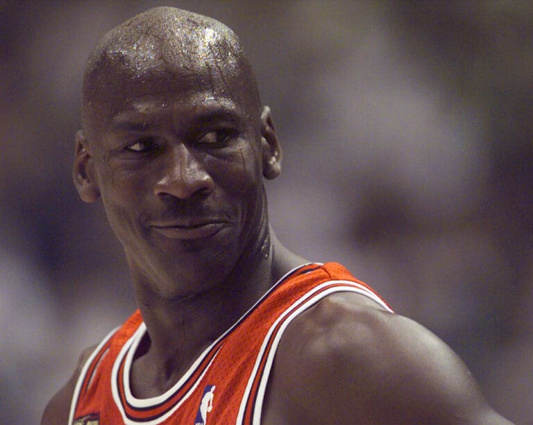 June 5, 1998; Salt Lake City, UT, USA; Chicago Bulls guard Michael Jordan in game two of the 1998 NBA Finals against the Utah Jazz at the Delta Center.