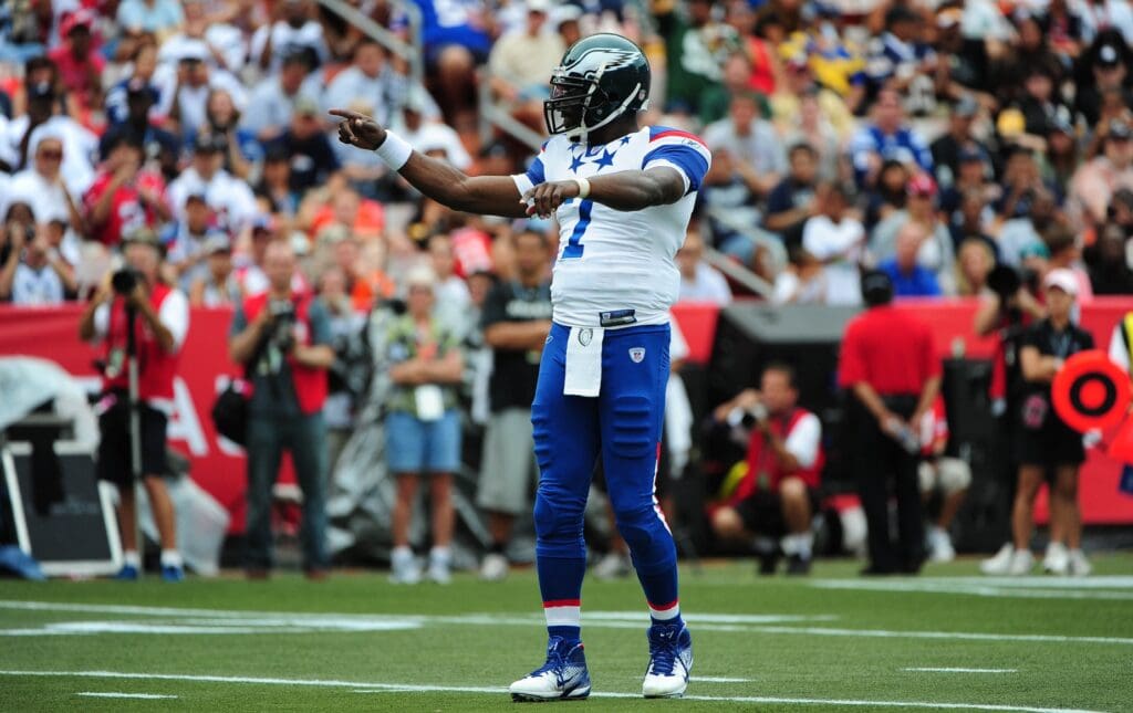 January 30, 2011; Honolulu, HI, USA; NFC quarterback Michael Vick of the Philadelphia Eagles (7) celebrates after his team scored a touchdown during the first quarter of the 2011 Pro Bowl against the AFC at Aloha Stadium.