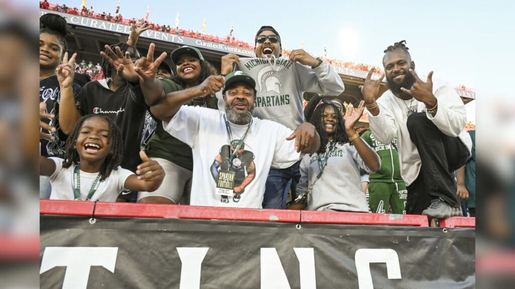 Sep 7, 2024; College Park, Maryland, USA; Michigan State Spartans fans cheer after the game against the Maryland Terrapins during the second half at SECU Stadium.