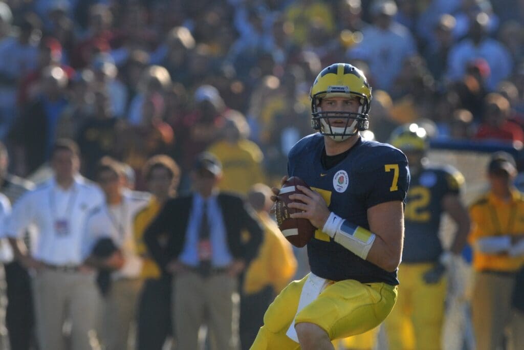 Jan 1, 2007; Pasadena, CA, USA; Michigan Wolverines quarterback (7) Chad Henne against the Southern California Trojans in the Rose Bowl game at the Rose Bowl in Pasadena, California. Southern California defeated Michigan 32-18.