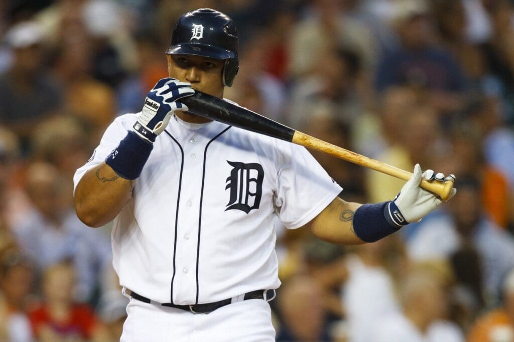 July 19, 2011; Detroit, MI, USA; Detroit Tigers first baseman Miguel Cabrera (24) during the fifth inning against the Oakland Athletics at Comerica Park.