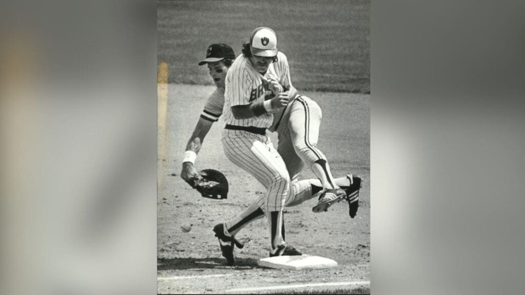 Aug. 1, 1982; Location unknown, USA; Cleveland first baseman Mike Hargrove jumped into Gorman Thomas of the Brewers as he tried to retrieve a ball that was thrown to him by second baseman Milbourn; 