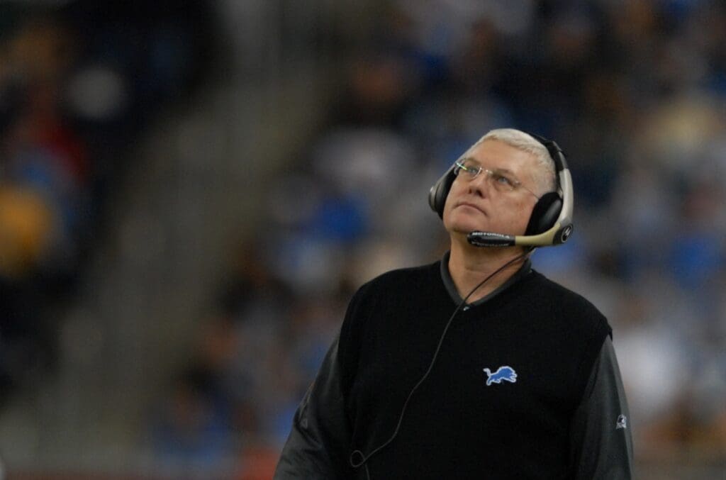 Nov. 23, 2006; Detroit, MI, USA; Detroit Lions offensive coordinator Mike Martz reacts during the game against the Miami Dolphins at Ford Field in Detroit, Michigan.