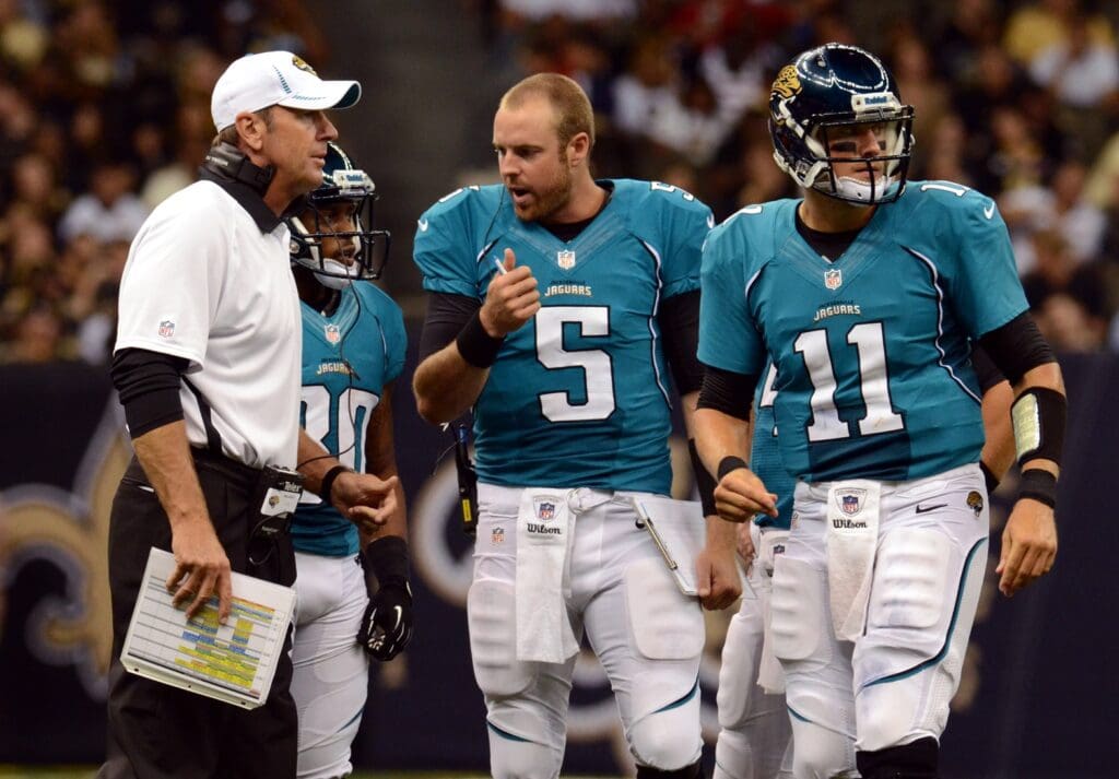 August 17, 2012; New Orleans, LA, USA; Jacksonville Jaguars head coach Mike Mularkey talks with quarterbacks Blaine Gabbert (11) and Jordan Palmer (5) during their preseason football game against the New Orleans Saints at the Mercedes-Benz Superdome.