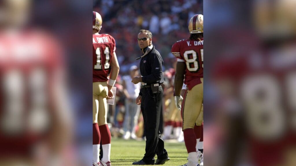 Sep 17, 2006 San Francisco, CA, USA: San Francisco 49ers head coach Mike Nolan talks to San Francisco 49ers quarterback (11) Alex Smith during a timeout in the 4th quarter against the St. Louis Rams at Monster Park in San Francisco, CA.