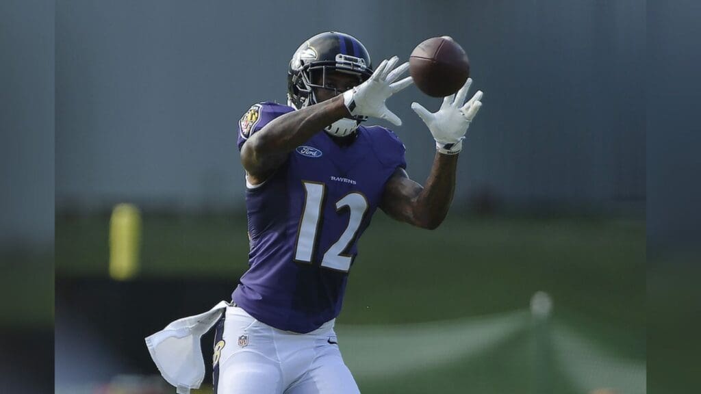 Jul 31, 2016; Owings Mills, MD, USA; Baltimore Ravens wide receiver Mike Wallace (12) catches a pass during the morning session of training camp at Under Armour Performance Center.