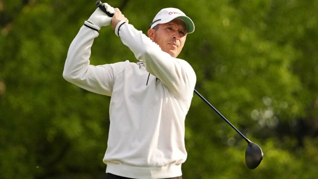 Apr 10, 2025; Augusta, Georgia, USA; Mike Weir plays his shot from the fifth tee during the first round of the Masters Tournament. 