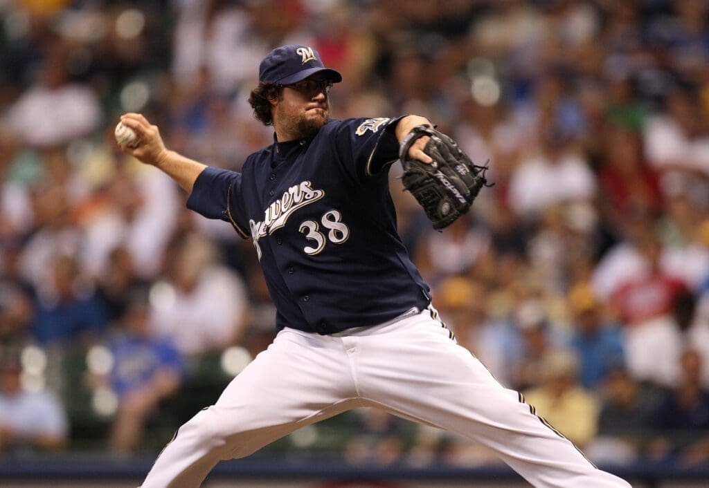 July 8, 2008; Milwaukee, WI, USA; Milwaukee Brewers relief pitcher Eric Gagne (38) pitches during the eighth inning against the Colorado Rockies at Miller Park. The Brewers defeated the Rockies 7-3.