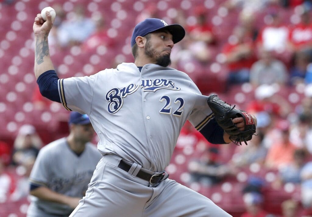 Sep 6, 2017; Cincinnati, OH, USA; Milwaukee Brewers starting pitcher Matt Garza throws against the Cincinnati Reds during the first inning at Great American Ball Park.