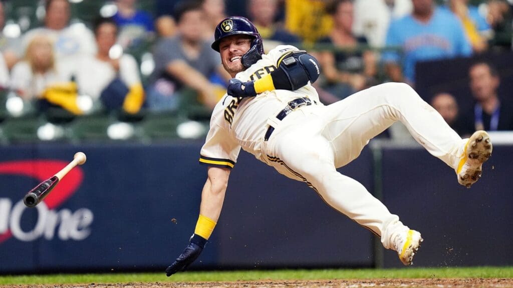 Milwaukee Brewers third baseman Josh Donaldson (3) is hit by pitch during the ninth inning of Game 2 of the NL wild-card playoff series against the Arizona Diamondbacks on Wednesday October 4, 2023 at American Family Field in Milwaukee, Wis.