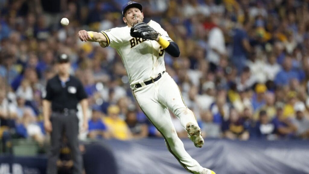 Oct 4, 2023; Milwaukee, Wisconsin, USA; Milwaukee Brewers third baseman Josh Donaldson (3) throws to first in the seventh inning against the Arizona Diamondbacks during game two of the Wildcard series for the 2023 MLB playoffs at American Family Field.