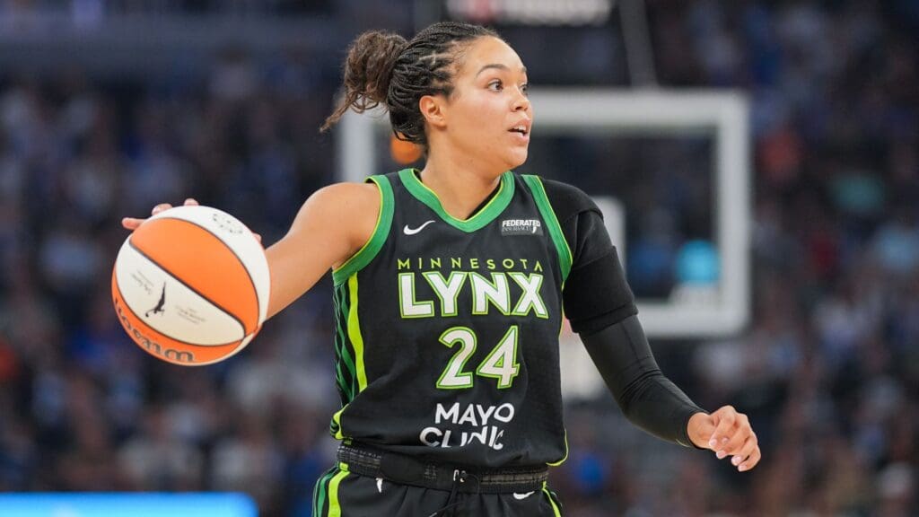 Jul 30, 2025; Minneapolis, Minnesota, USA; Minnesota Lynx forward Napheesa Collier (24) dribbles against the New York Liberty in the second quarter at Target Center.