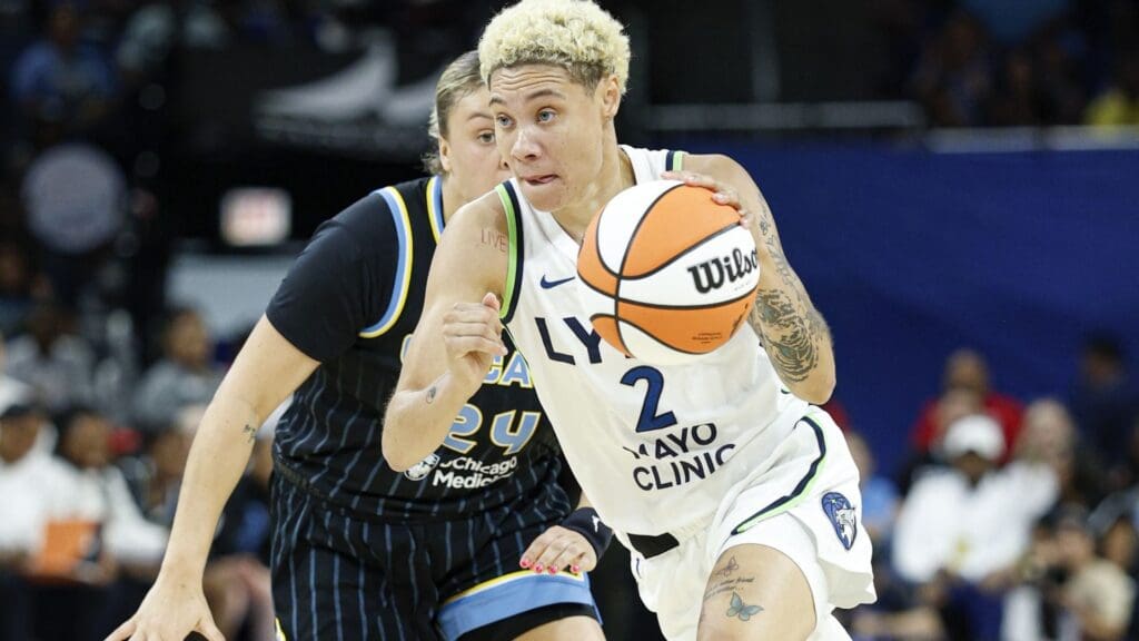 Jul 12, 2025; Chicago, Illinois, USA; Minnesota Lynx guard Natisha Hiedeman (2) drives to the basket against the Chicago Sky during the first half of a WNBA game at Wintrust Arena.