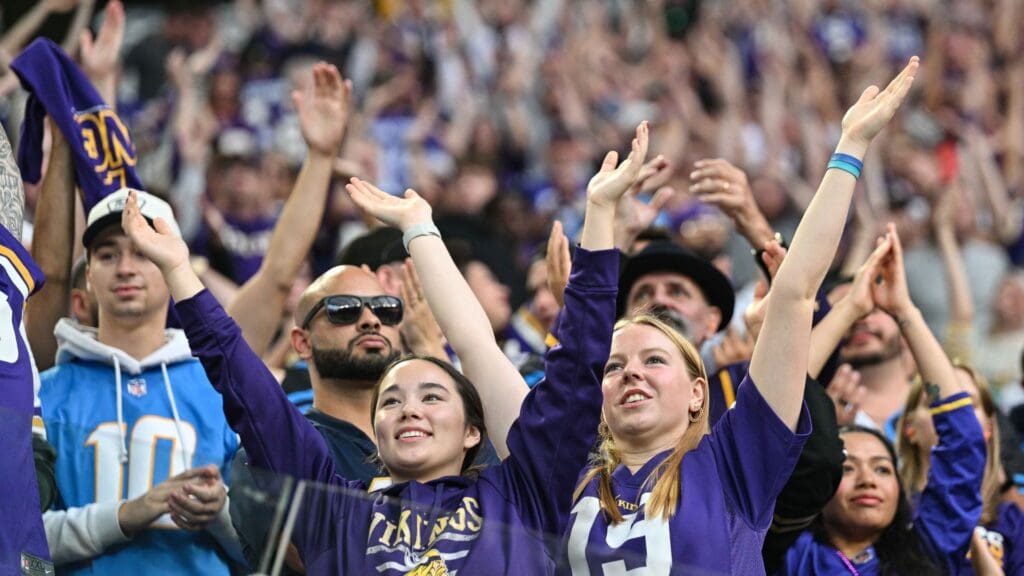 Sep 24, 2023; Minneapolis, Minnesota, USA; Minnesota Vikings fans react during the game against the Los Angeles Chargers at U.S. Bank Stadium.
