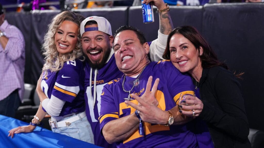 Jan 13, 2025; Glendale, AZ, USA; Minnesota Vikings fans react during the first half against the Los Angeles Rams in an NFC wild card game at State Farm Stadium.