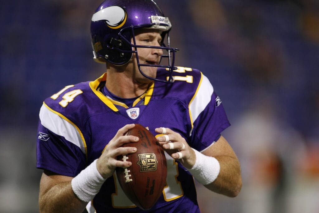 Sep 17, 2006; Minneapolis, Minnesota, USA: Minnesota Vikings quarterback (14) Brad Johnson warms up prior to his game with the Carolina Panthers at the Metrodome.