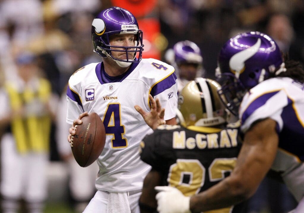 Jan 24, 2010; New Orleans, LA, USA; Minnesota Vikings quarterback Brett Favre (4) drops back to pass against the New Orleans Saints during the first half of the 2010 NFC Championship game at the Louisiana Superdome. The Saints defeated the Vikings 31-28 in overtime.