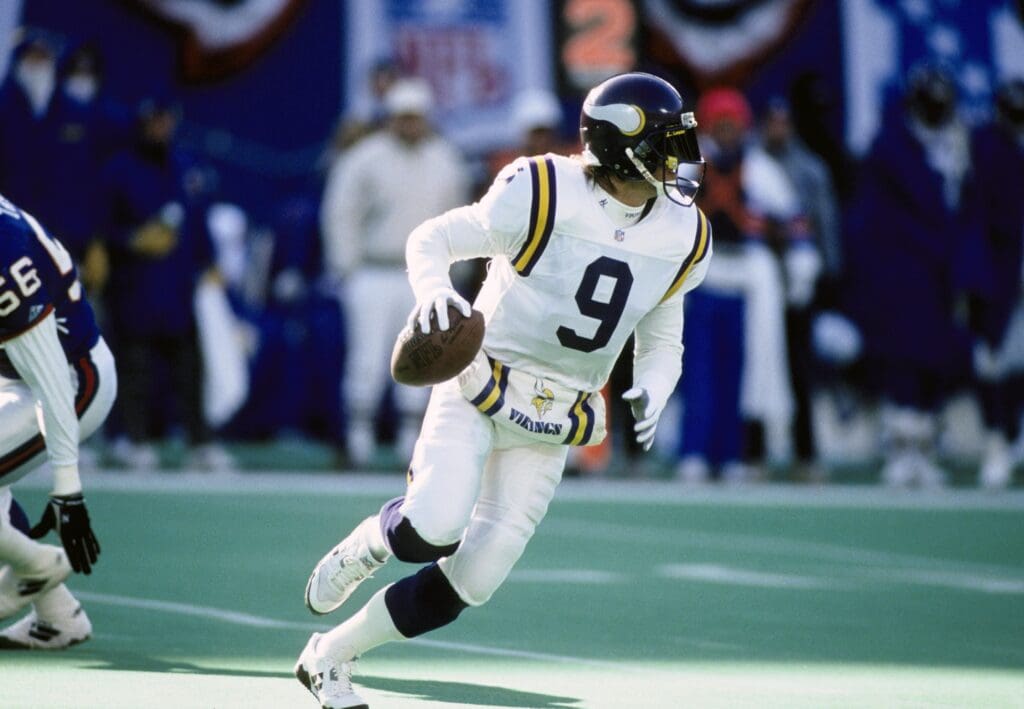 Jan 9, 1994; E. Rutherford, NJ, USA; Minnesota Vikings quarterback Jim McMahon in action against the New York Giants during the 1993 NFC Wild Card Game at Giants Stadium. The Giants won 17-10. 