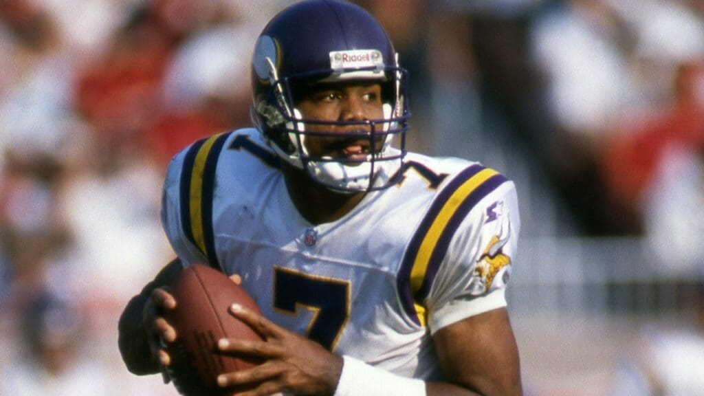 Nov 1, 1998; Tampa, FL, USA; FILE PHOTO; Minnesota Vikings quarterback Randall Cunningham (7) looks to throw against the Tampa Bay Buccaneers at Raymond James Stadium.