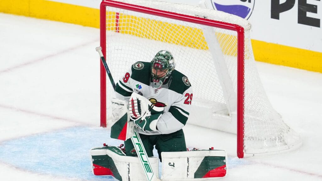 Apr 29, 2025; Las Vegas, Nevada, USA; Minnesota Wild goaltender Marc-Andre Fleury (29) makes a save against the Vegas Golden Knights during the third period of game five of the first round of the 2025 Stanley Cup Playoffs at T-Mobile Arena.