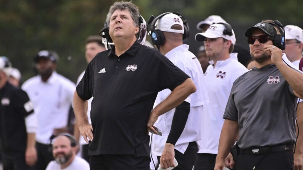 Sep 4, 2021; Starkville, Mississippi, USA; Mississippi State Bulldogs head coach Mike Leach looks up at the scoreboard during the fourth quarter against the Louisiana Tech Bulldogs at Davis Wade Stadium at Scott Field.