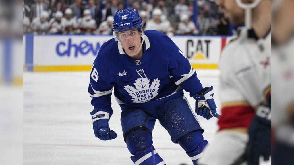 May 14, 2025; Toronto, Ontario, CAN; Toronto Maple Leafs forward Mitch Marner (16) skates against the Florida Panthers during the third period of game five of the second round of the 2025 Stanley Cup Playoffs at Scotiabank Arena.