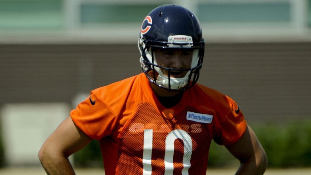 May 12, 2017; Lake Forest, IL, USA; Chicago Bears quarterback Mitch Trubisky (10) works out during rookie minicamp at Halas Hall.