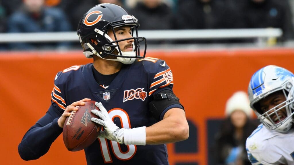 Nov 10, 2019; Chicago, IL, USA; Chicago Bears quarterback Mitchell Trubisky (10) drops back to pass against the Detroit Lions during the first half at Soldier Field