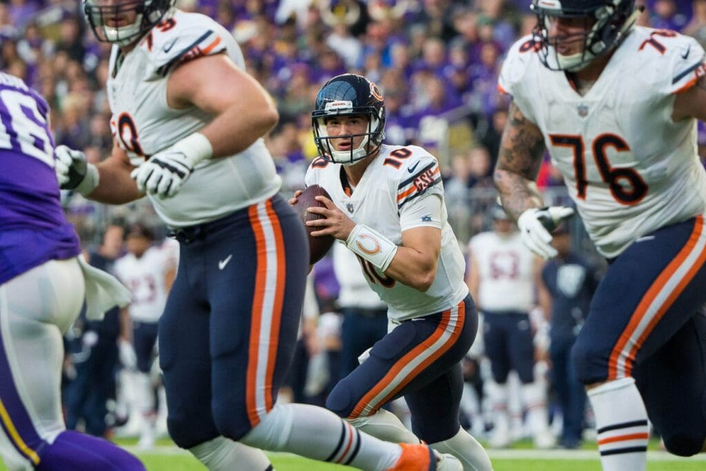 Dec 31, 2017; Minneapolis, MN, USA; Chicago Bears quarterback Mitchell Trubisky (10) scrambles in the fourth quarter against the Minnesota Vikings at U.S. Bank Stadium.